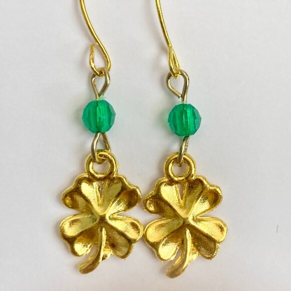 Shamrock Earrings Gold Plated Irish 4 Leaf Clover Luck Celtic St. Patricks Day - Picture 4 of 8